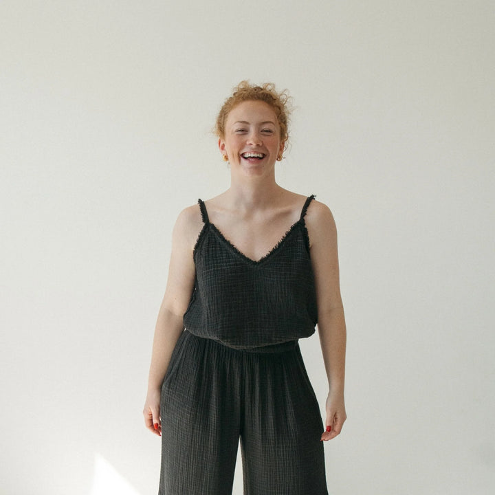Crinkle cotton strappy tank top by Pokoloko featuring lightweight, textured fabric and frayed shoulder straps.