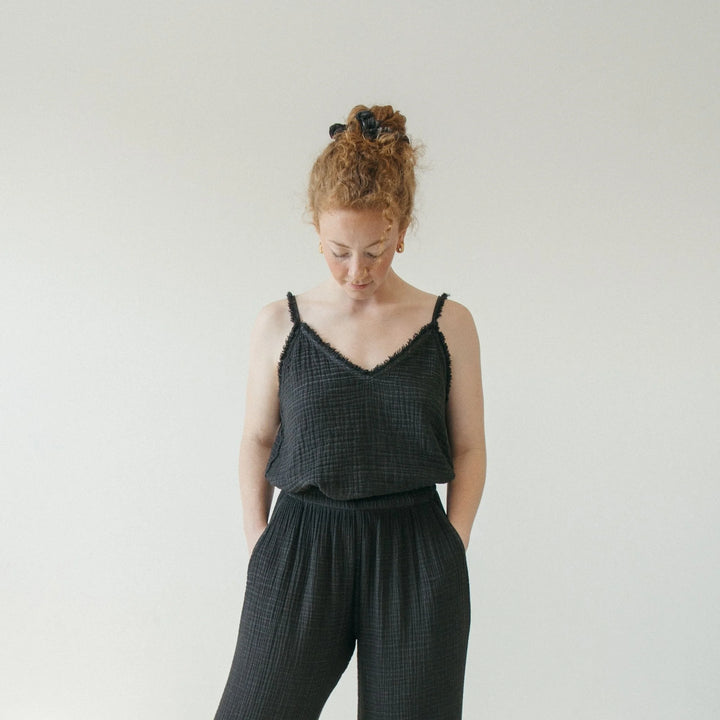 Crinkle cotton strappy tank top by Pokoloko showing lightweight fabric and stylish design on a neutral background.