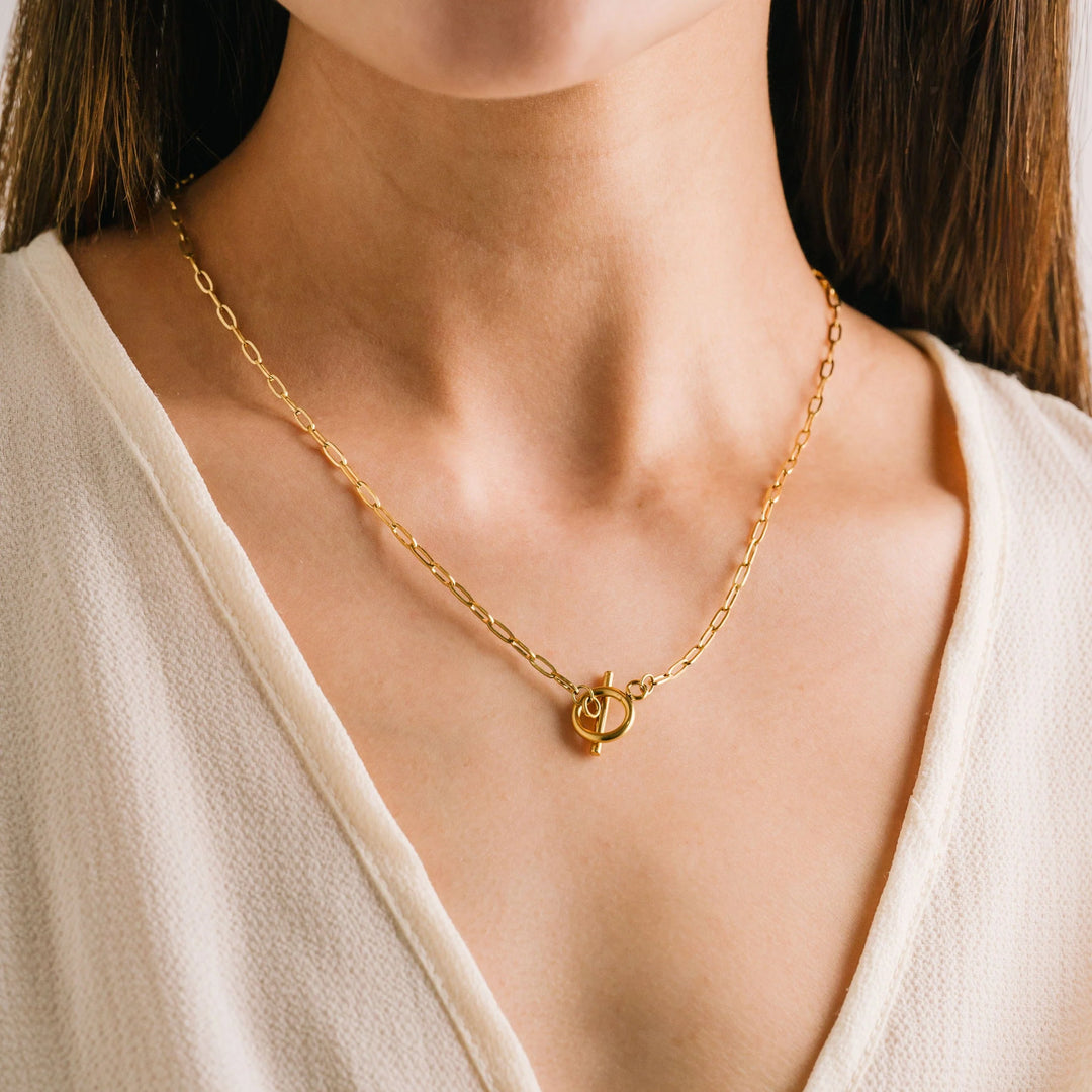 Lover's Tempo Darcy Toggle Clasp Gold Necklace with a sleek toggle closure and elegant gold chain for a stylish look.