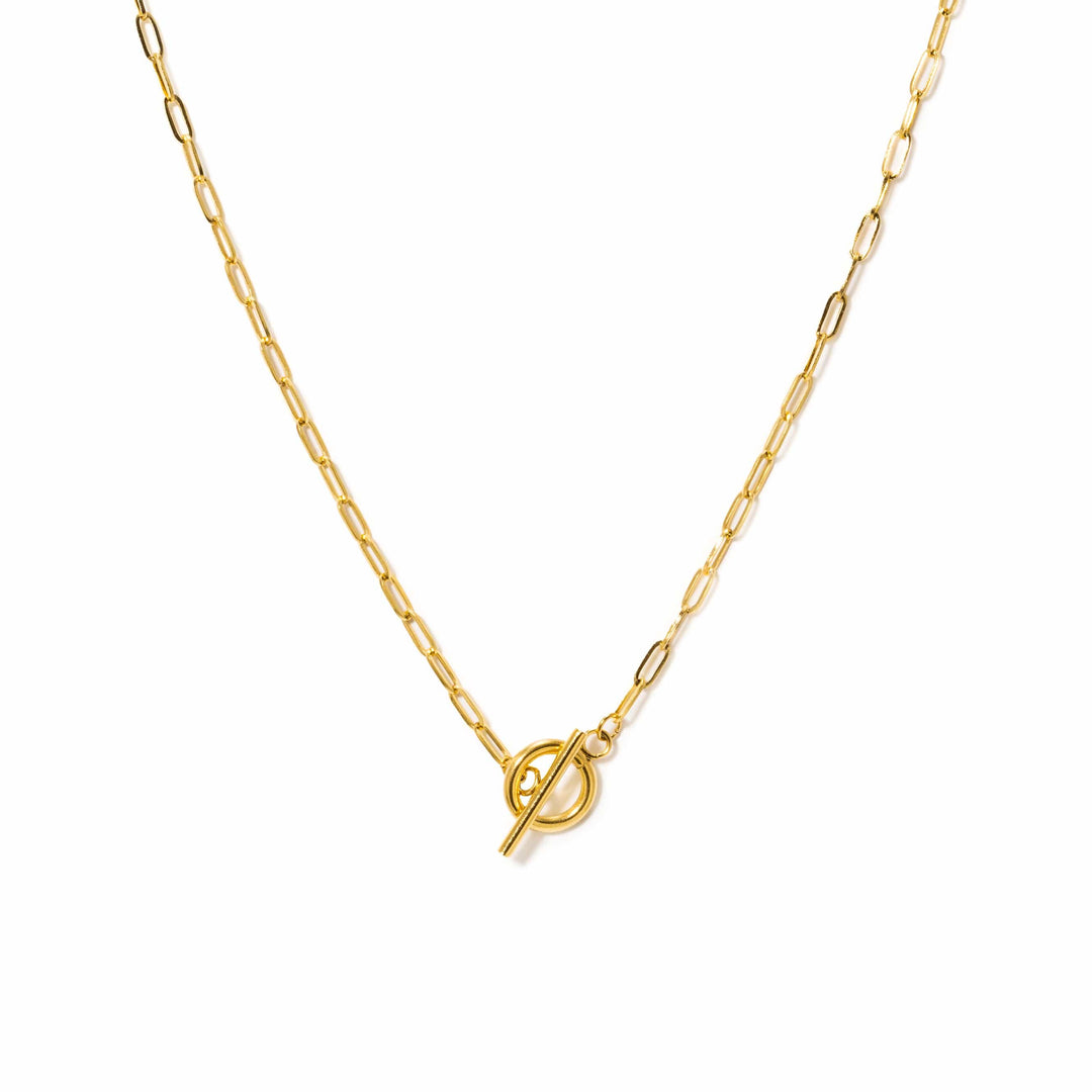 Lover's Tempo Darcy Toggle Clasp Gold Necklace featuring a sleek toggle closure and elegant gold chain design.