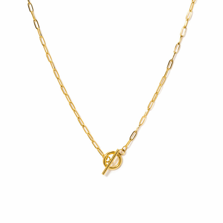 Lover's Tempo Darcy Toggle Clasp Gold Necklace featuring a sleek toggle closure and elegant gold chain design.