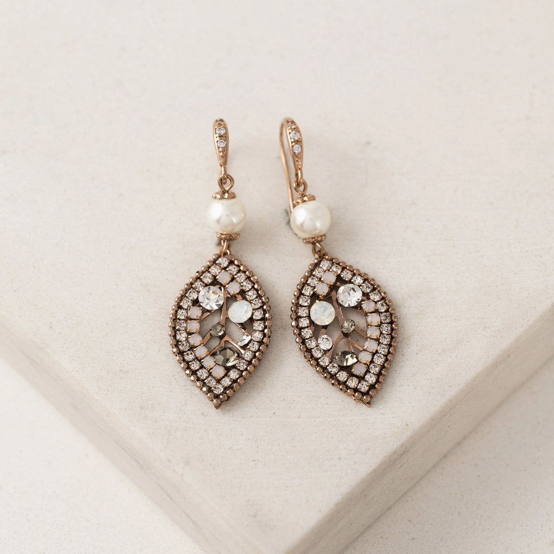 women's antique style leaf shaped drop earrings with cubic zirconia stones and crystal beads and faux pearl