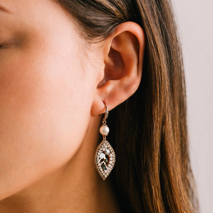 women's antique style leaf shaped drop earrings with cubic zirconia stones and crystal beads and faux pearl