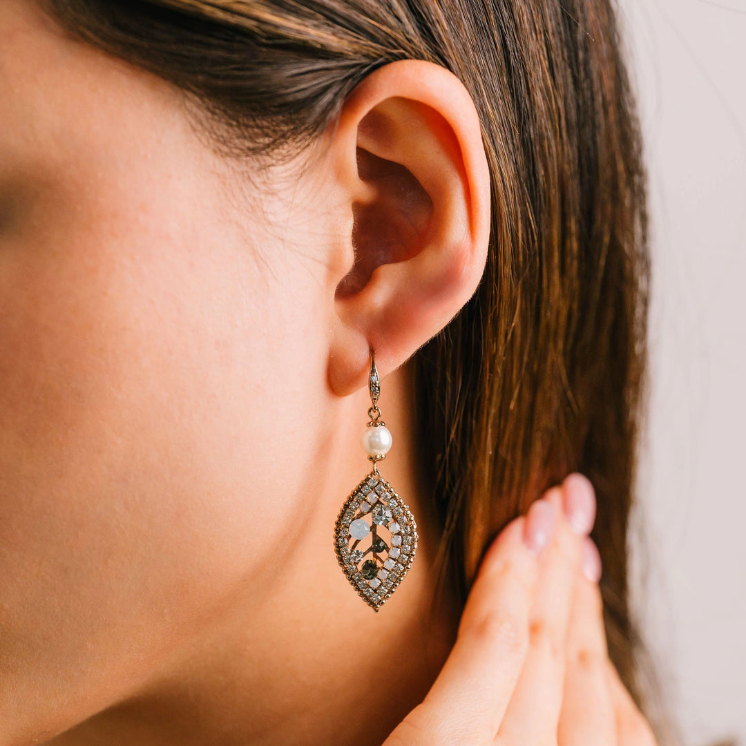 women's antique style leaf shaped drop earrings with cubic zirconia stones and crystal beads and faux pearl