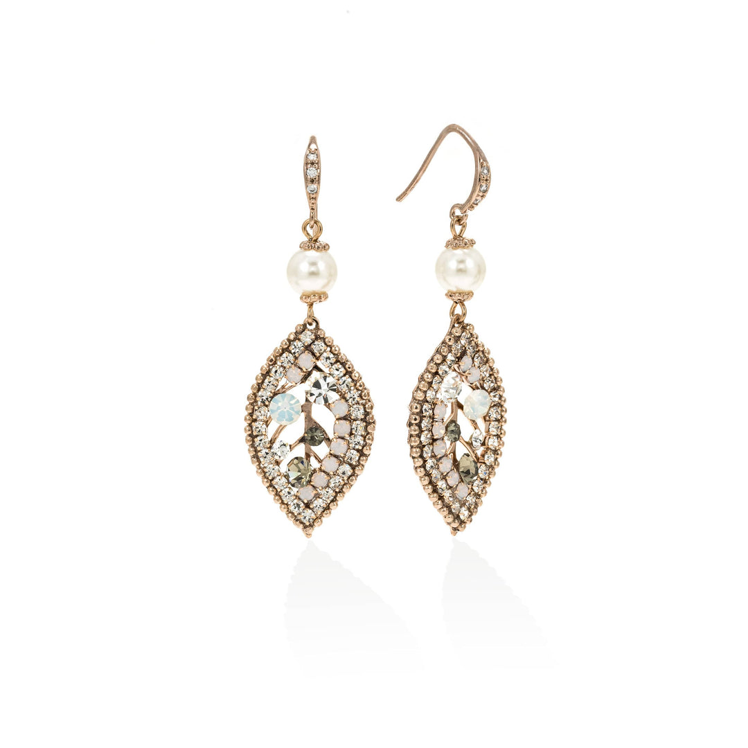 women's antique style leaf shaped drop earrings with cubic zirconia stones and crystal beads