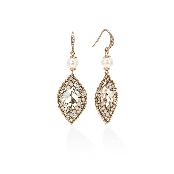 women's antique style leaf shaped drop earrings with cubic zirconia stones and crystal beads