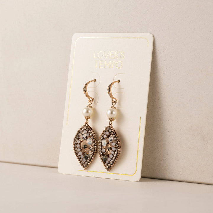 women's antique style leaf shaped drop earrings with cubic zirconia stones and crystal beads and faux pearl
