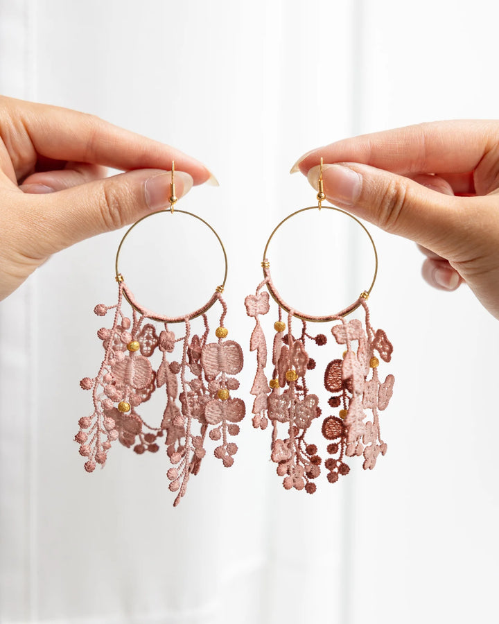 Ilk Jewelry Duo des Fleurs hoop earrings featuring delicate floral-inspired designs  in vintage lace.