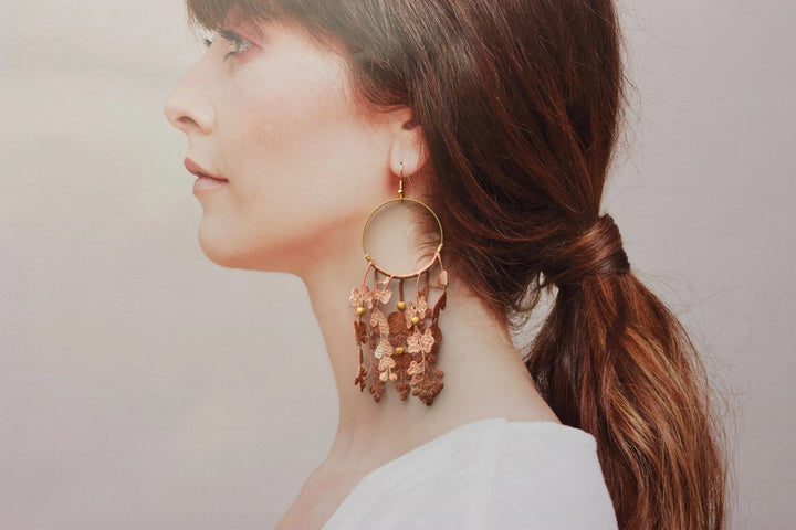 Ilk Jewelry Duo des Fleurs hoop earrings featuring delicate floral designs in vintage lace and gold-tone metal, perfect for elegant accessory styles.
