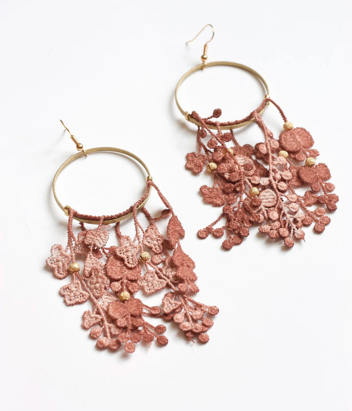 Ilk Jewelry Duo des Fleurs hoop earrings featuring intricate floral designs  in vintage lace with a textured finish.