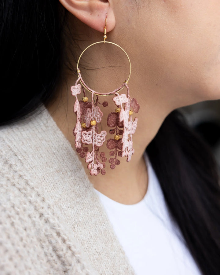 Ilk Jewelry Duo des Fleurs hoop earrings featuring intricate floral designs  in vintage lace, stylish jewelry for versatile wear.