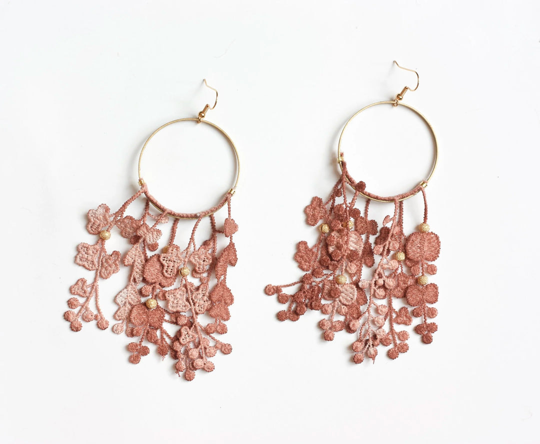 Ilk Jewelry Duo des Fleurs hoop earrings featuring floral-inspired designs in vintage lace with intricate detailing.