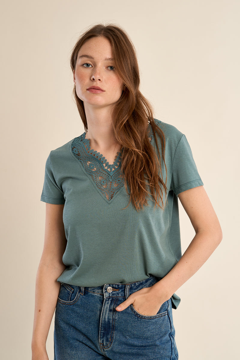 Light blue Molly Bracken T-shirt with sunlit sage lace trim around the neckline and short sleeves, showcasing a casual, stylish design.