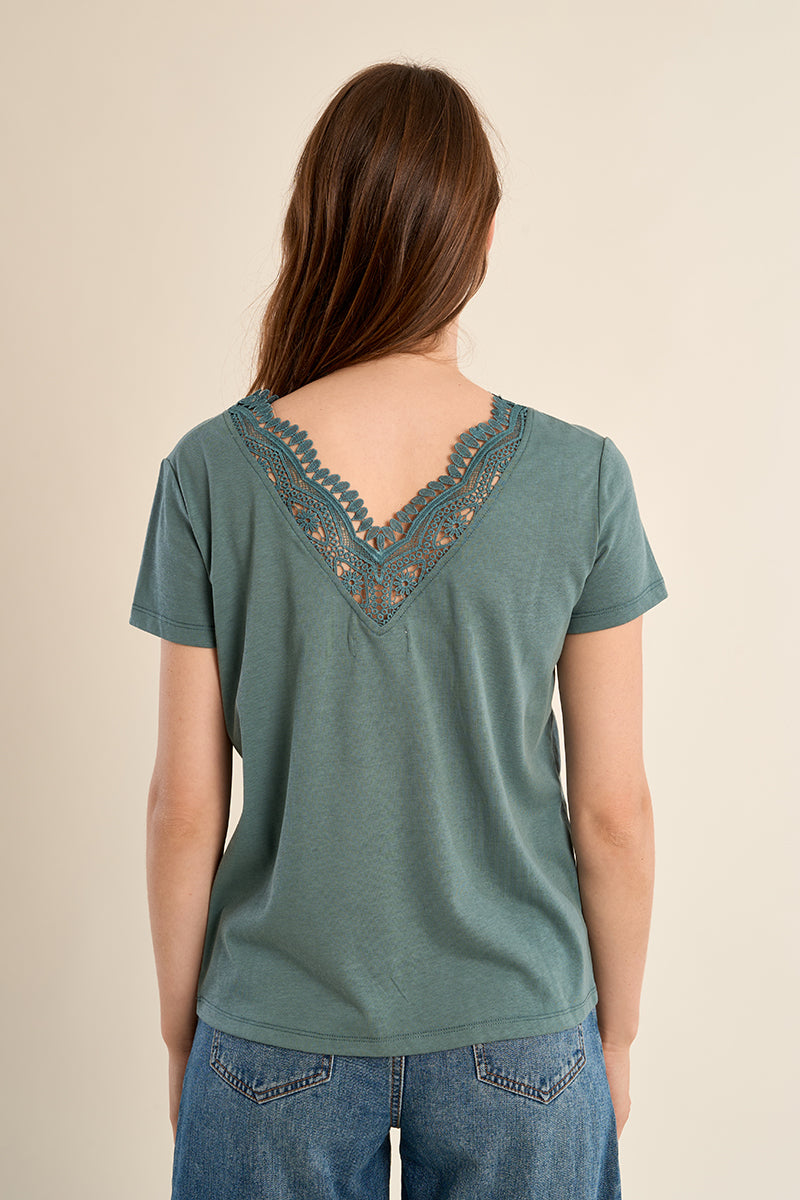 Sunlit Sage lace trim Molly Bracken T-shirt with a relaxed fit and short sleeves, featuring delicate lace details on the neckline.
