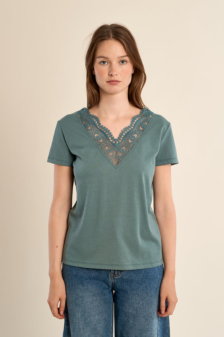 Sunlit Sage lace trim T-shirt by Molly Bracken featuring a soft fabric and delicate lace accents on the neckline.