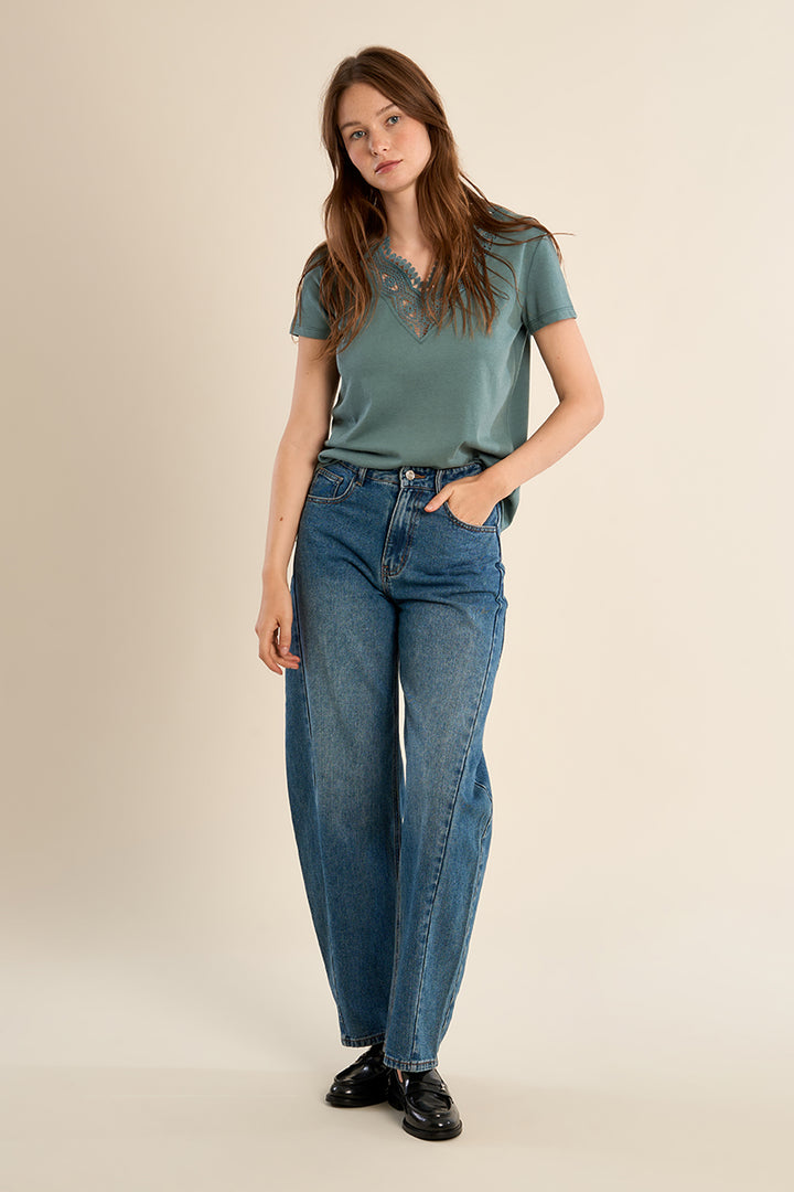 Sunlit Sage lace trim Molly Bracken T-shirt featuring a soft fabric, delicate lace details, and a relaxed fit.