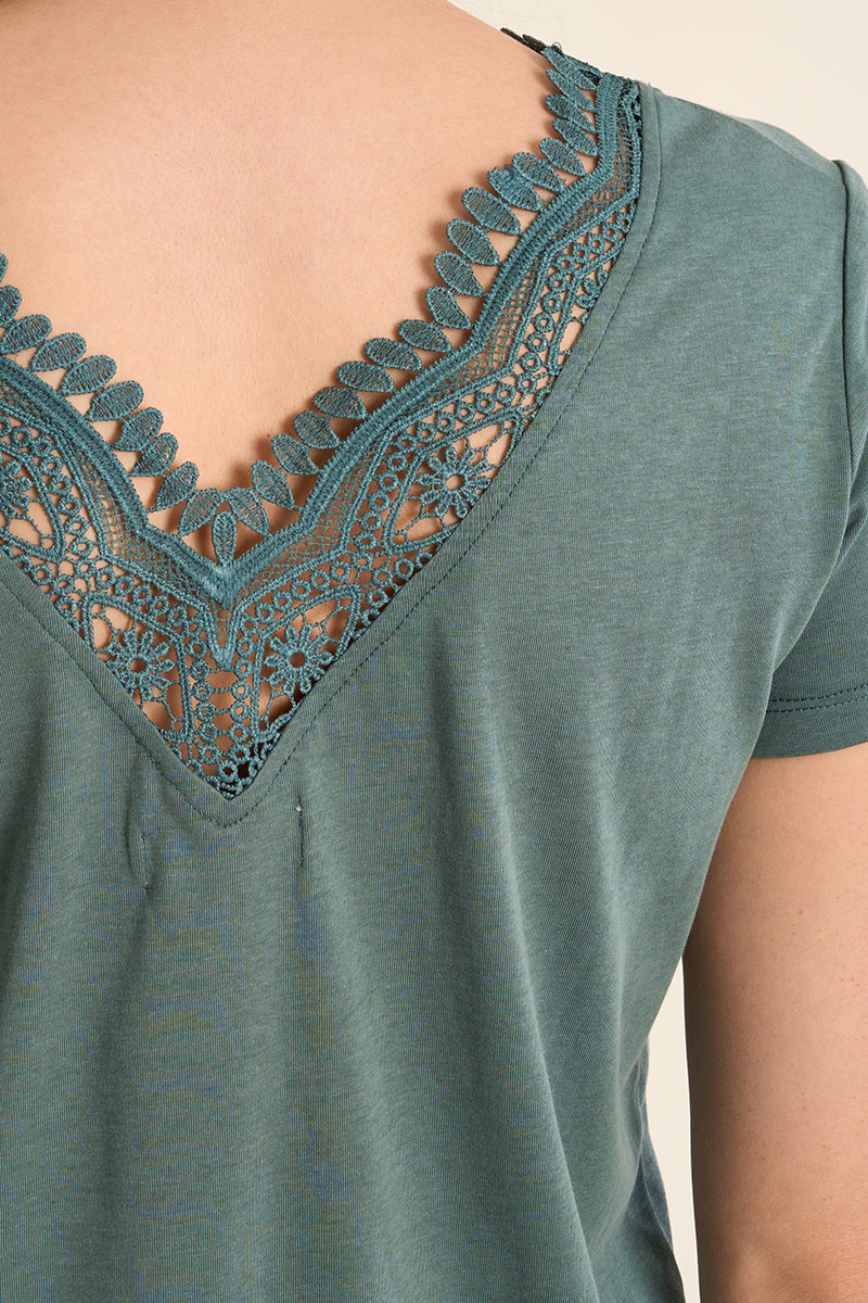 Sunlit Sage lace trim Molly Bracken T-shirt with delicate lace details and a relaxed fit, perfect for casual wear.