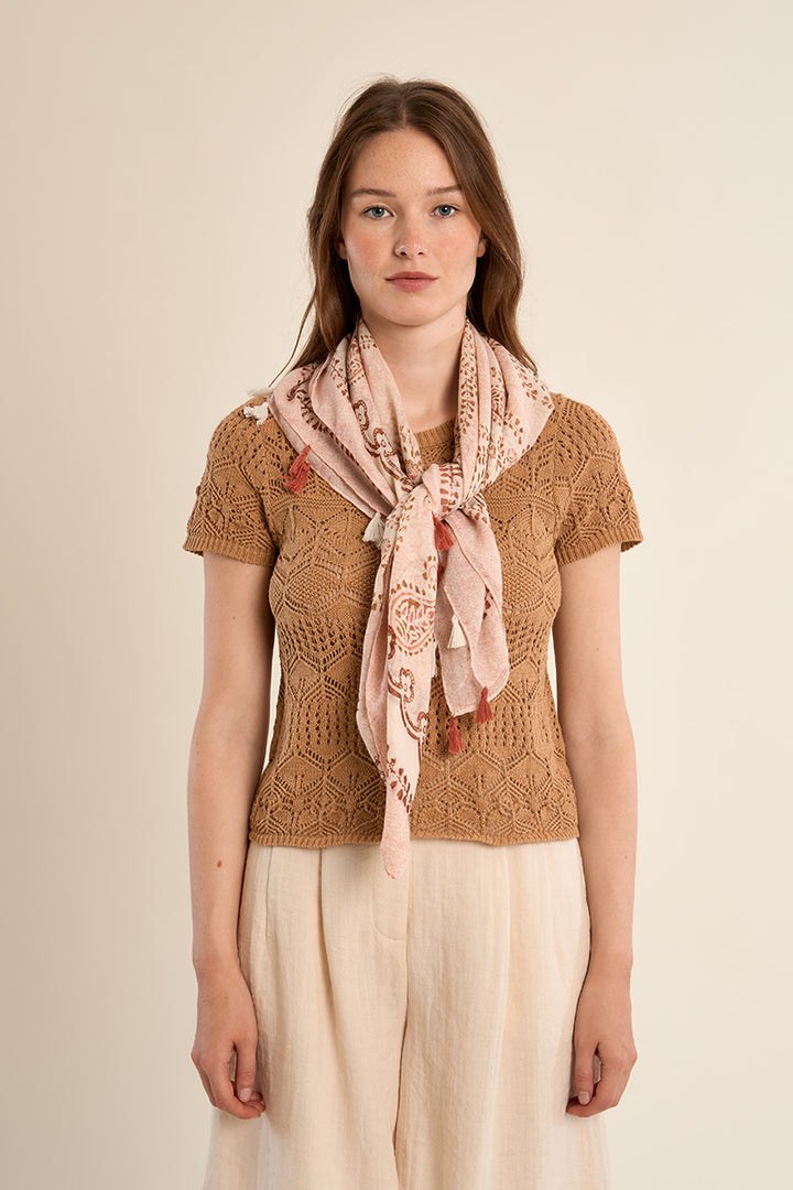 Primrose Paisley scarf by Molly Bracken featuring a soft pink paisley pattern on lightweight fabric.