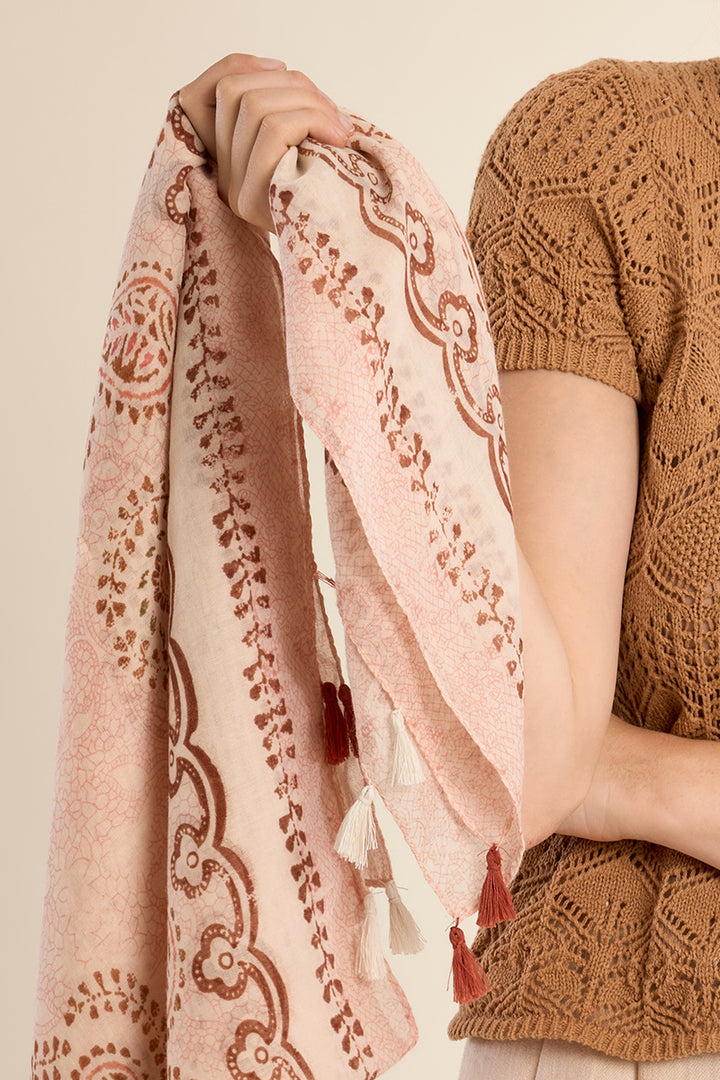Molly Bracken Primrose Paisley scarf featuring a soft pink paisley pattern on lightweight fabric for stylish accessorizing.