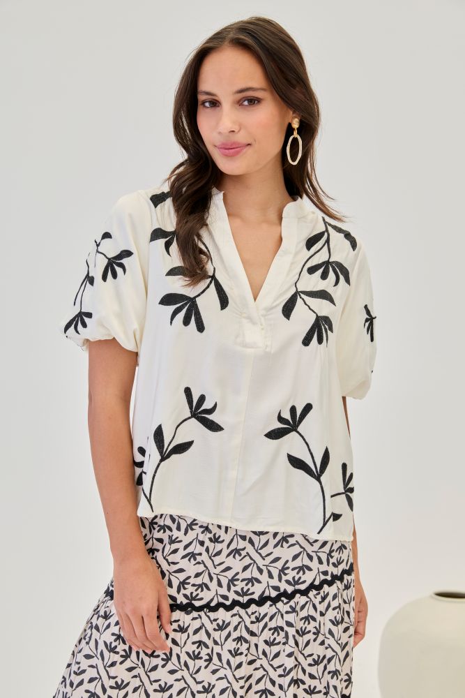 NKN by Nekane Fatima floral embroidered blouse with intricate embroidery, lightweight fabric, and bold floral patterns.