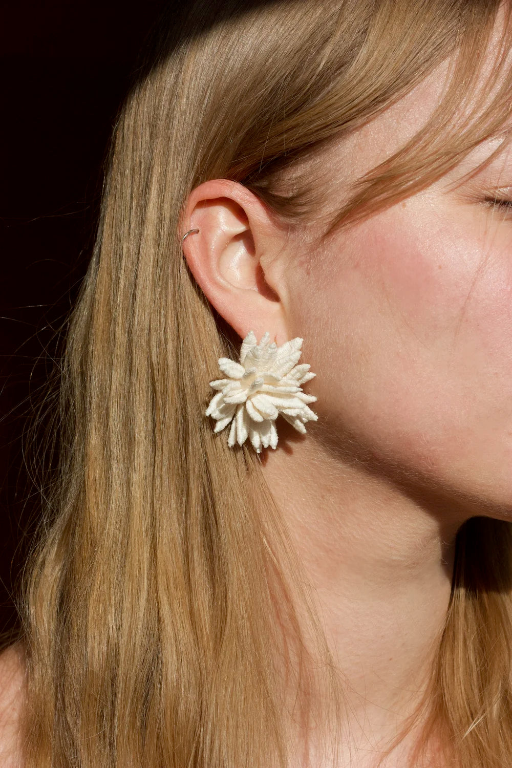 Lace Chrysanthemum Flower Earring by Ilk Jewelry featuring a detailed floral design and elegant post back.