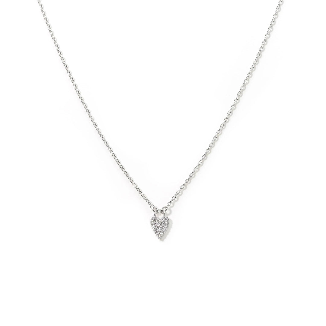 Silver necklace with a heart-shaped pendant on a white background