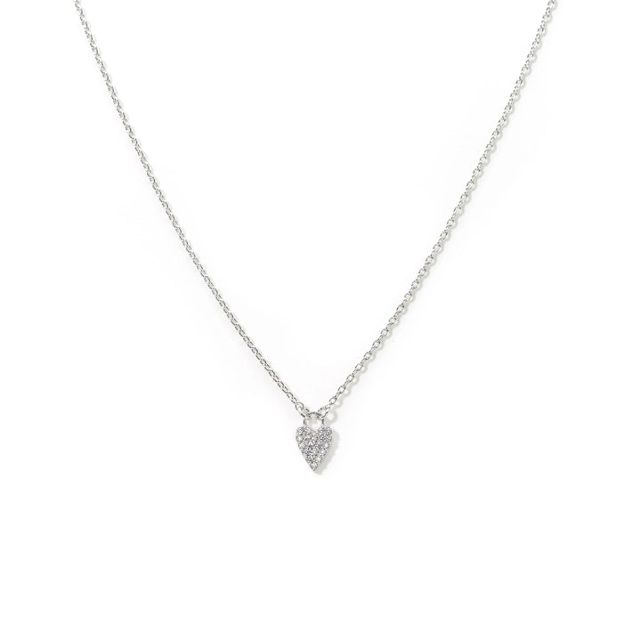 Silver necklace with a heart-shaped pendant on a white background