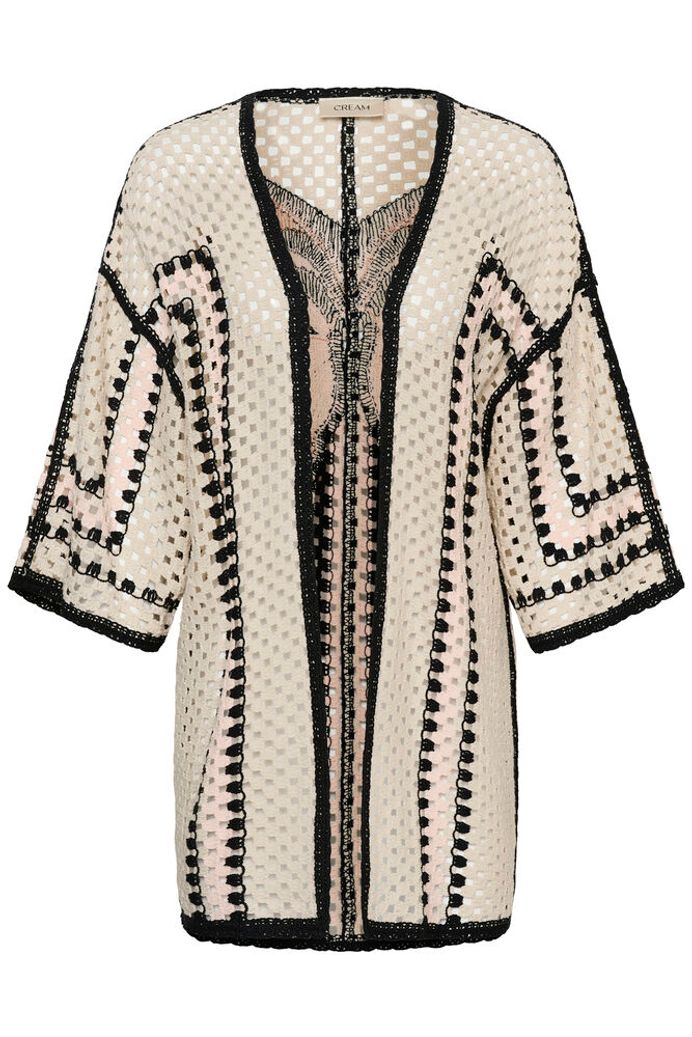 Cream Free Fly crochet kimono with intricate open weave design, lightweight and stylish for casual or beachwear.