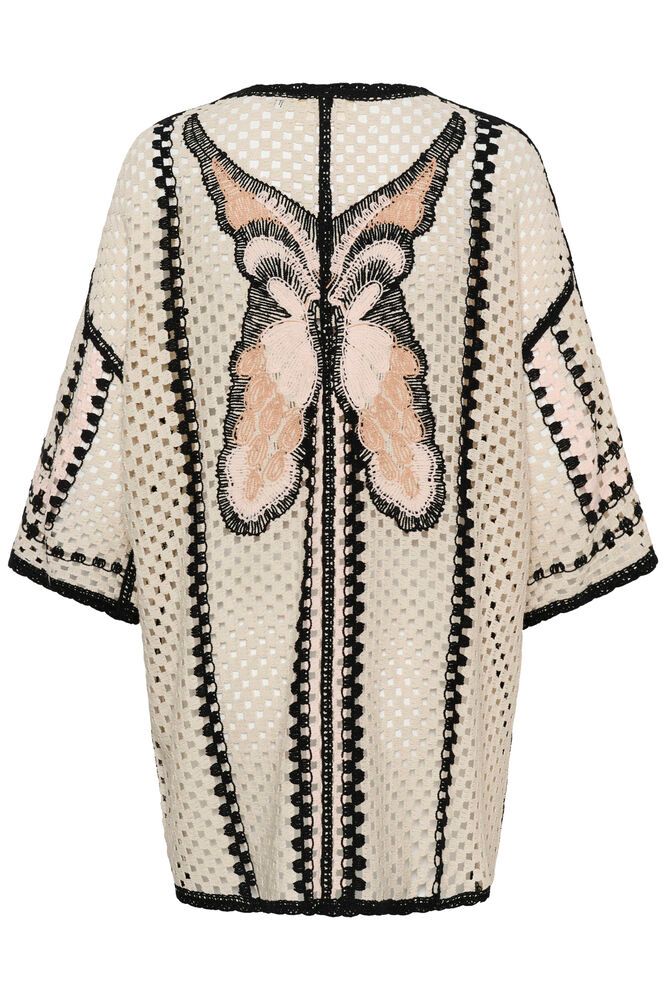 Cream Free Fly crochet kimono with intricate open-knit design, lightweight and stylish for layered summer wear.