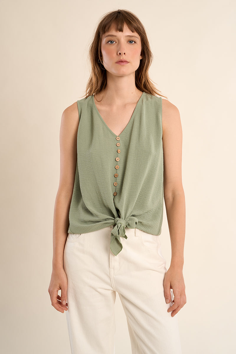 Molly Bracken Maren sleeveless tie-waist blouse shown as a stylish tank top with a relaxed fit, button detail and feminine summer design.