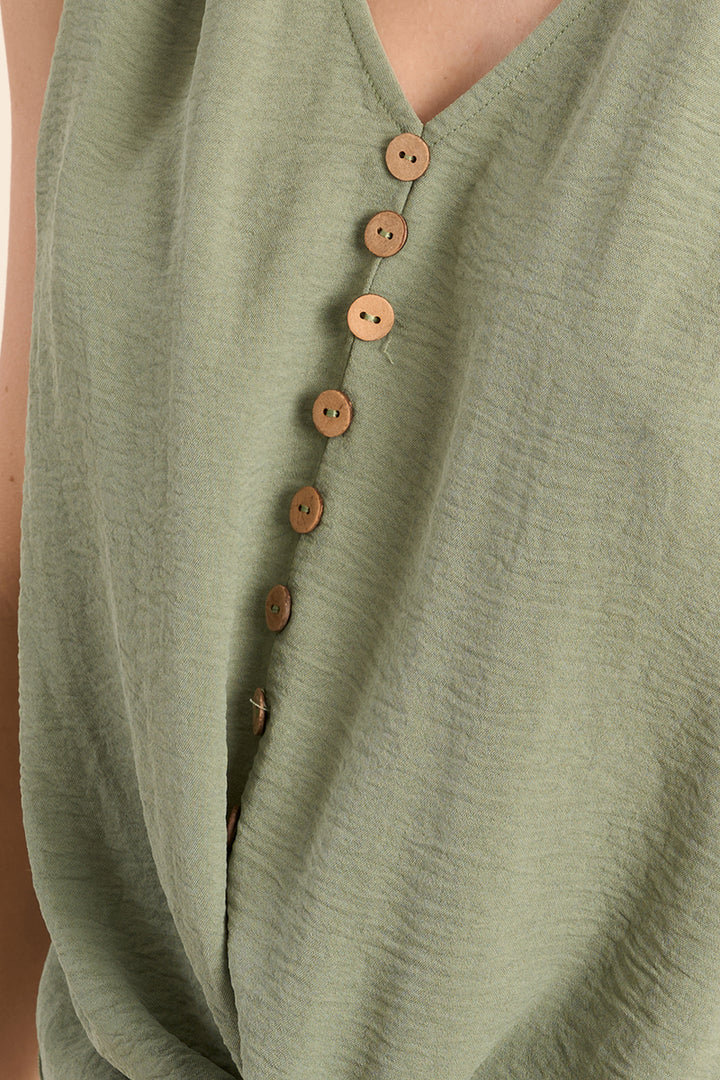 Molly Bracken Maren tie-waist sleeveless sage green blouse, stylish tank top with a fitted waist, button detail, and sleeveless design, perfect for casual wear