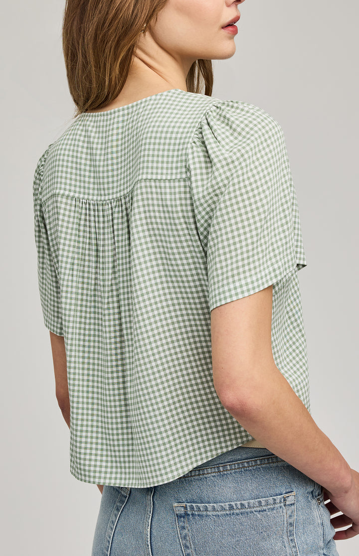 Gentle Fawn Becca Gingham Short Sleeve Blouse featuring a classic gingham pattern and a relaxed fit, perfect for casual wear.