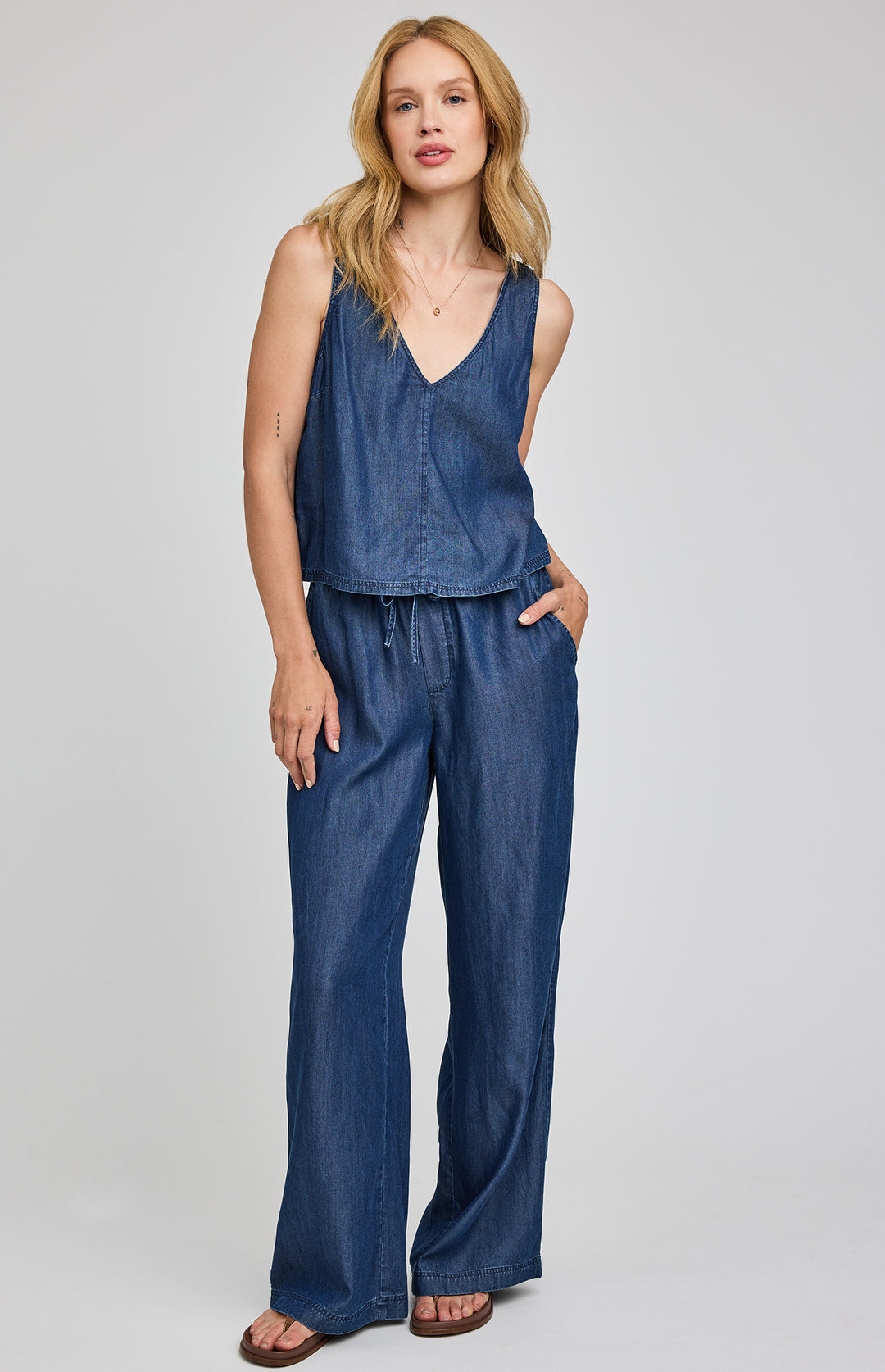 Gentle Fawn Colette Tank Top featuring a sleeveless design, lightweight tencel denim fabric, and a relaxed fit for casual wear