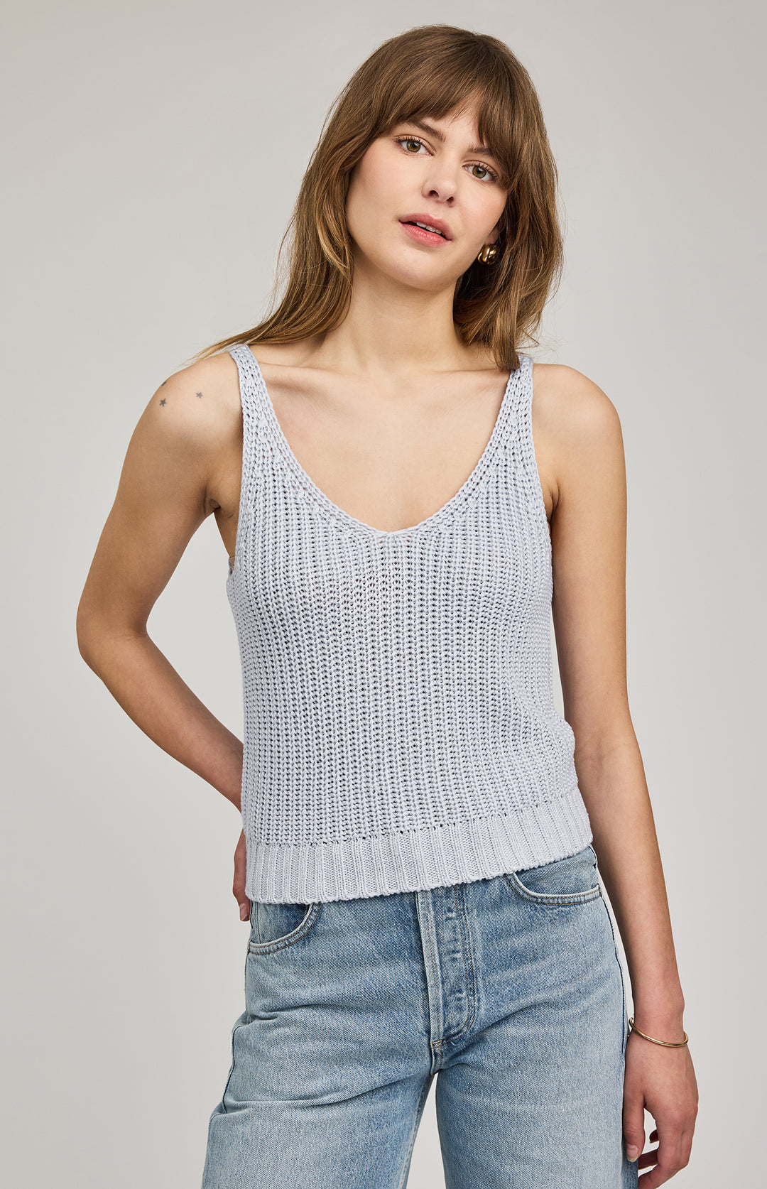 Gentle Fawn Lizzie knit tank top featuring a sleeveless design and soft, breathable yarn fabric in a neutral color.