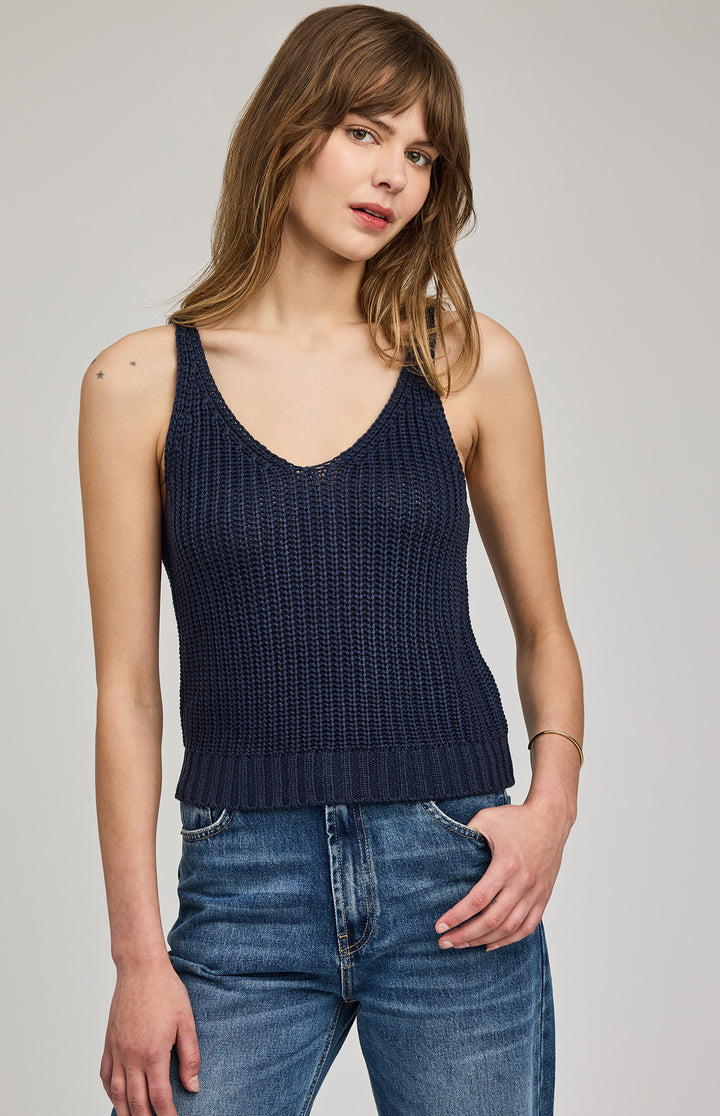 Gentle Fawn Lizzie Knit Tank Top shown in soft, lightweight fabric with a fitted sleeveless design and ribbed yarn texture.