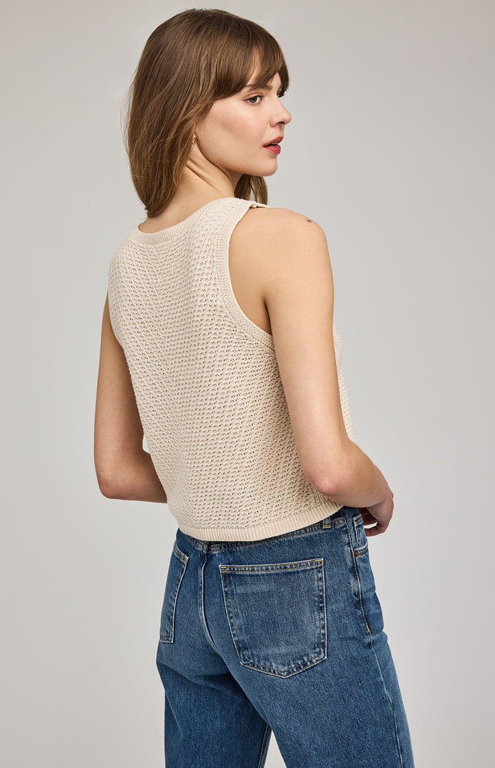 Gentle Fawn Marissa Knit Tank Top featuring a soft, lightweight beige cotton fabric with a relaxed fit and sleeveless design.