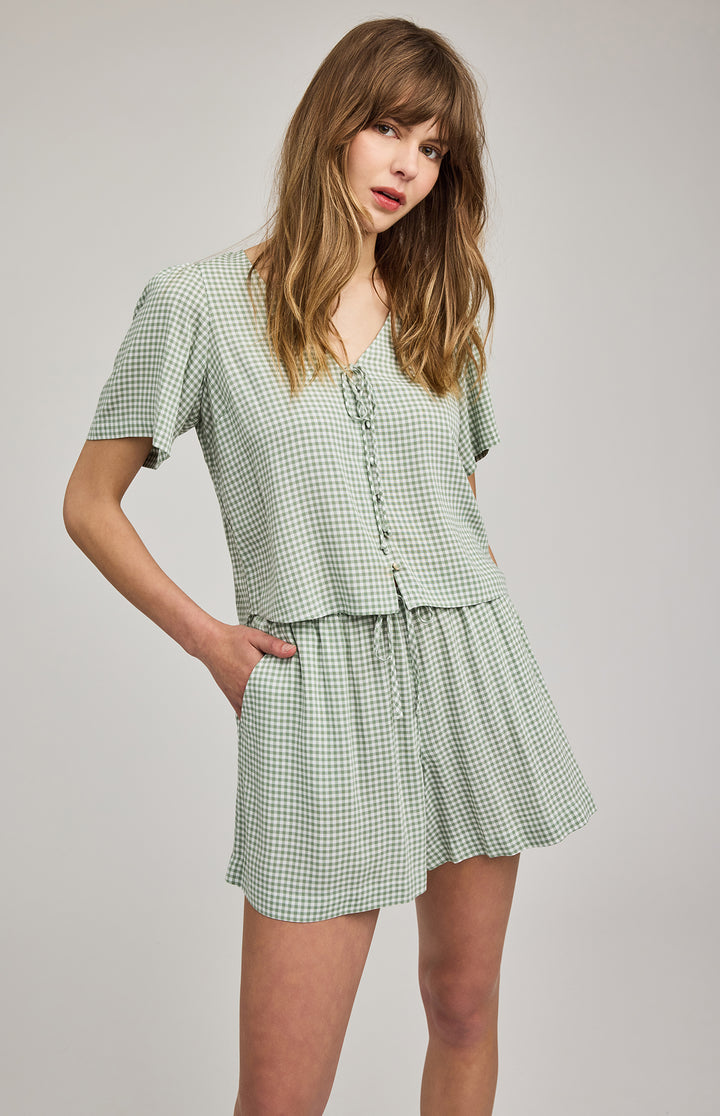Gentle Fawn Quinn Gingham Check Shorts, casual high-waisted shorts with green and white gingham pattern, front pockets, and relaxed fit for easy summer style