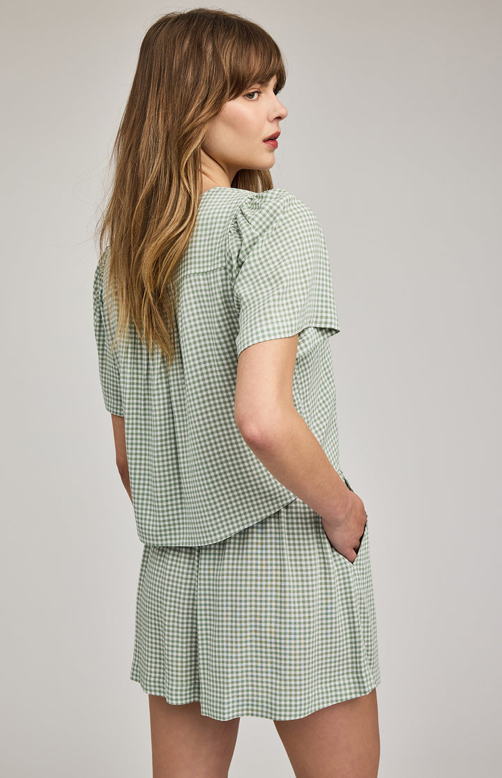 Gentle Fawn Quinn Gingham Check Shorts featuring a relaxed fit and classic green and white gingham pattern for easy summer style.
