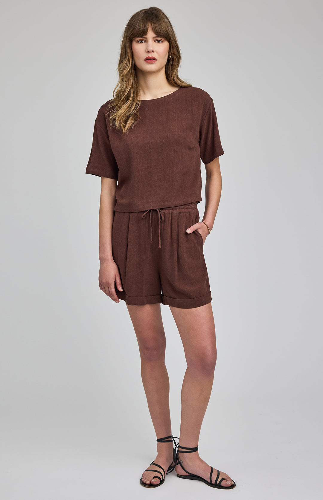 Gentle Fawn Juno Shorts in lightweight linen blend fabric with a relaxed fit, featuring an elastic waistband and casual style.