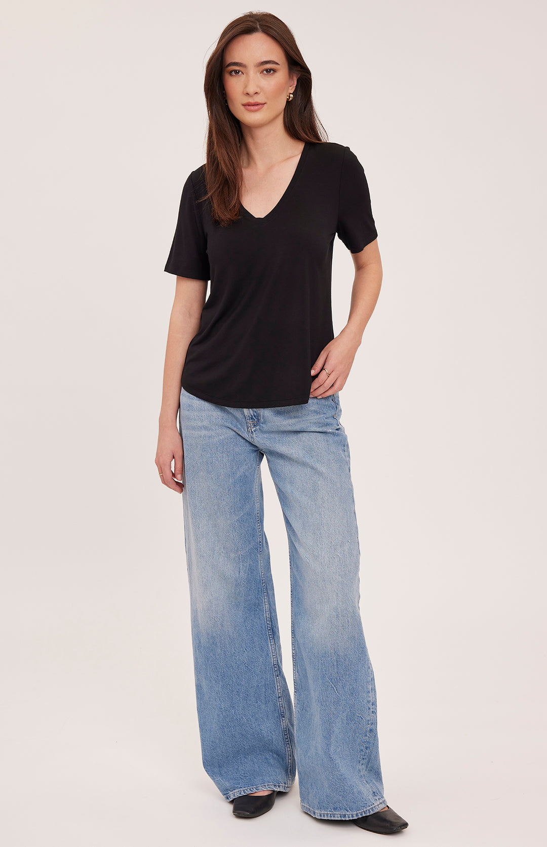 Black Jamie V-Neck T-Shirt by Gentle Fawn, soft cotton fabric, casual fit, displayed on a neutral background.