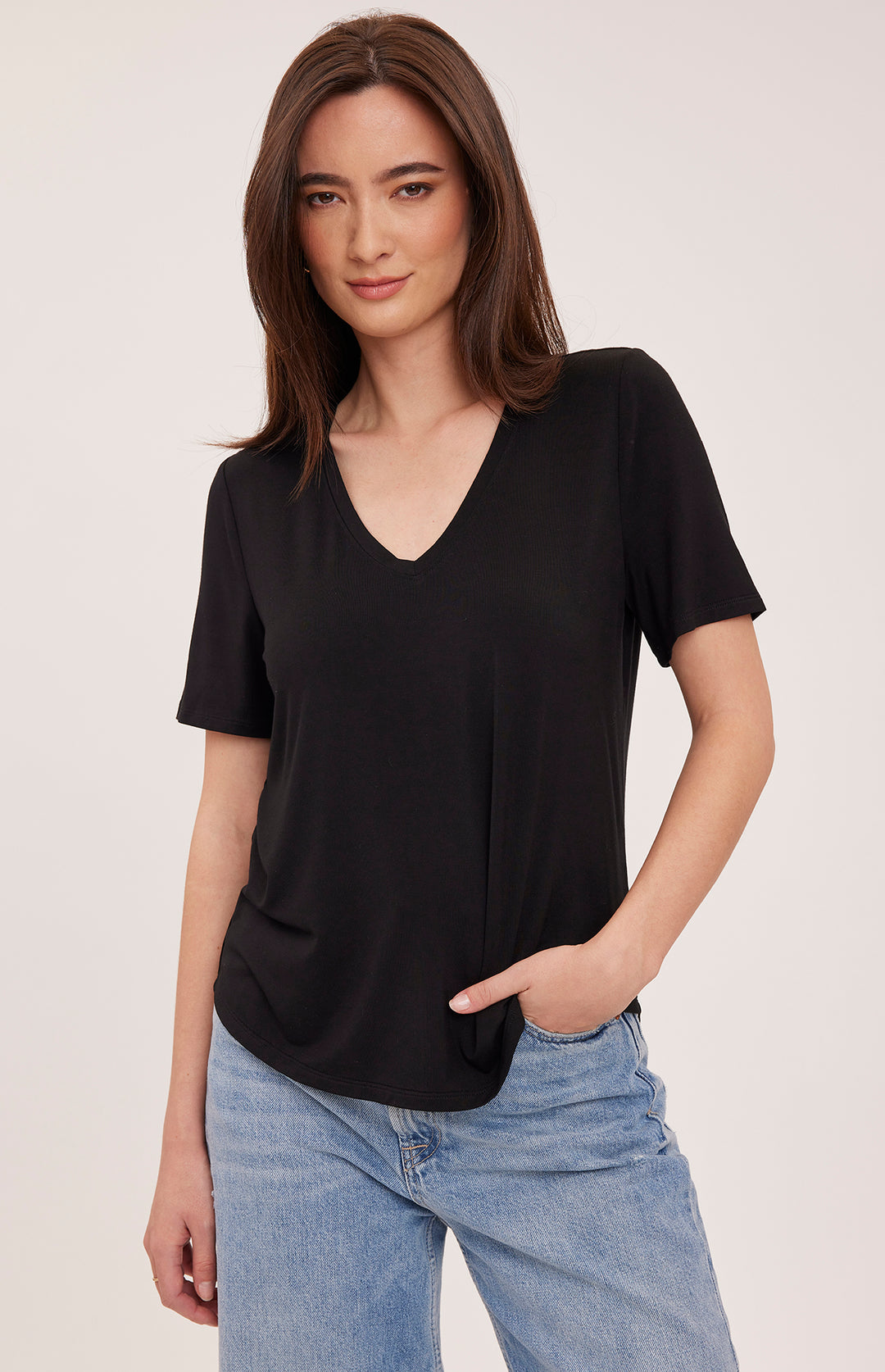 Black Jamie V-Neck T-Shirt by Gentle Fawn, featuring a soft fabric and classic V-neck design, displayed on a plain background.
