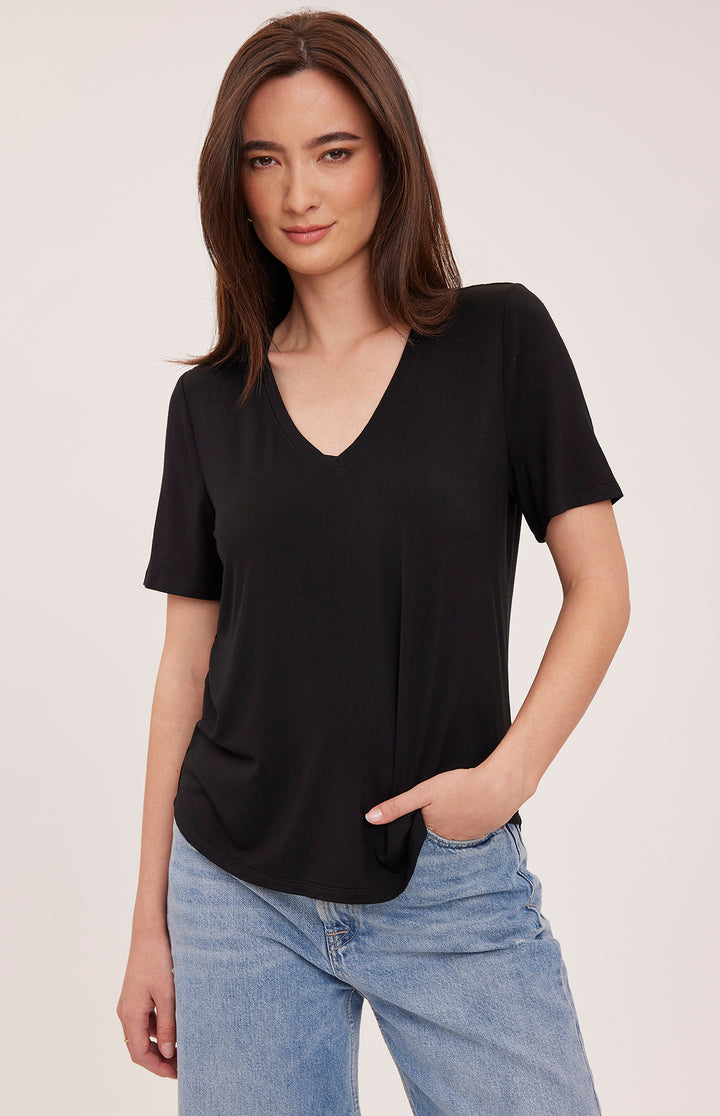 Black Jamie V-Neck T-Shirt by Gentle Fawn, featuring a soft fabric and classic V-neck design, displayed on a plain background.
