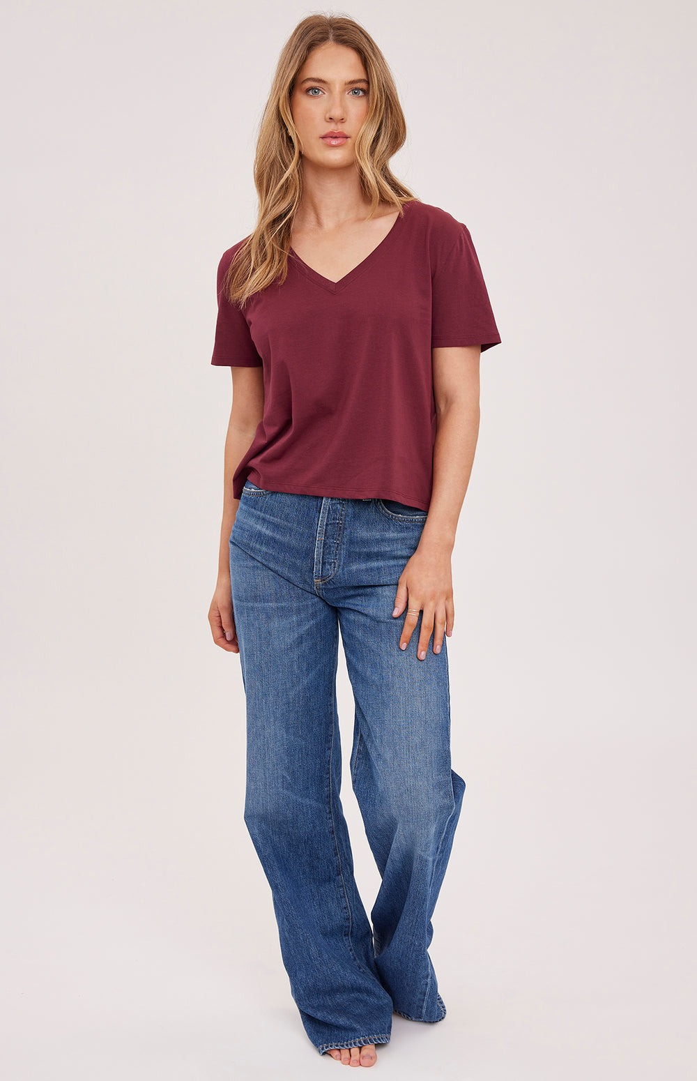 Gentle Fawn Lucy V-Neck T-Shirt in soft fabric, featuring a classic V-neck design and casual fit, shown in a neutral color.