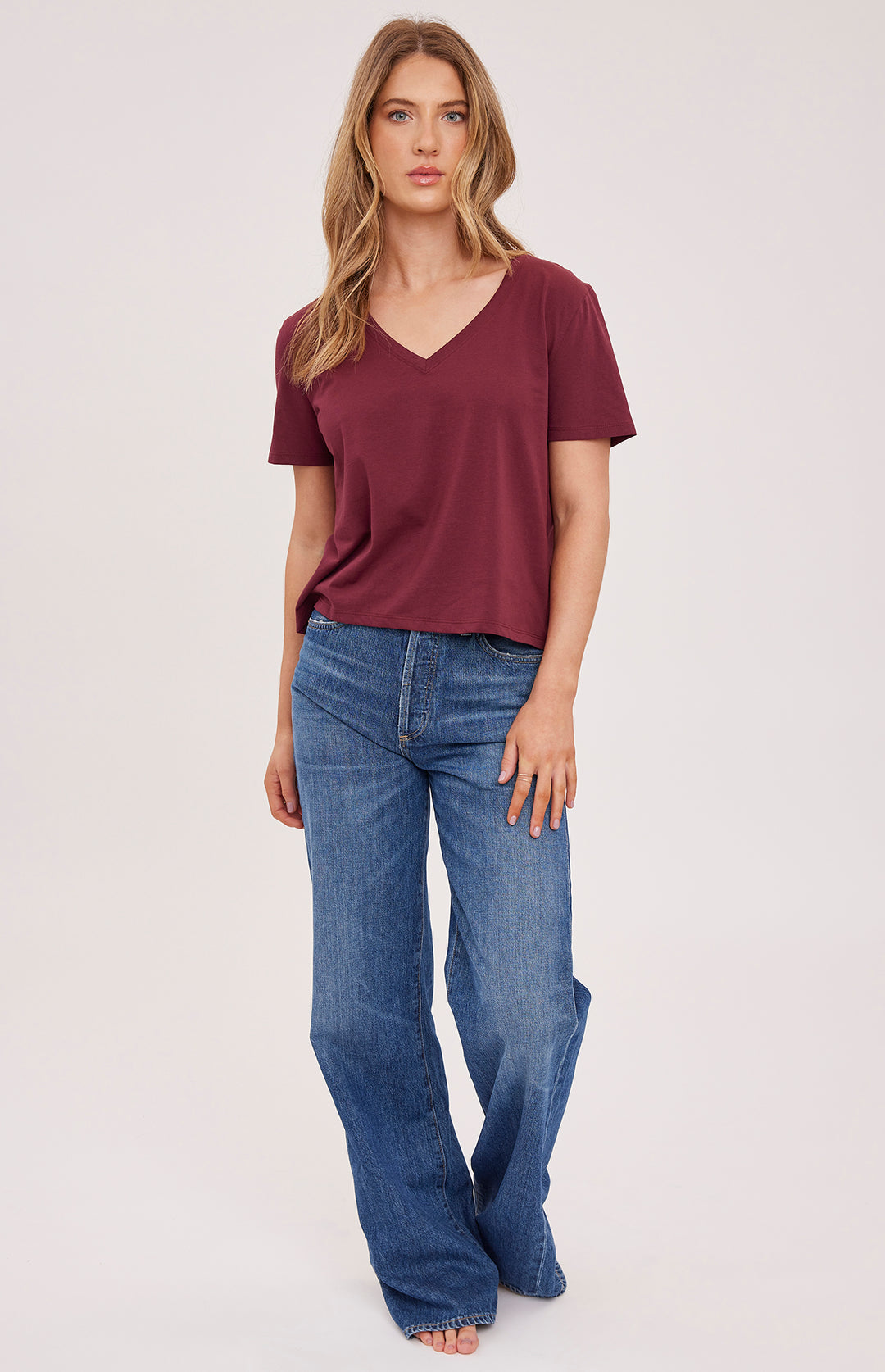 Gentle Fawn Lucy V-Neck T-Shirt in soft fabric, featuring a classic V-neck design and casual fit, shown in a neutral color.
