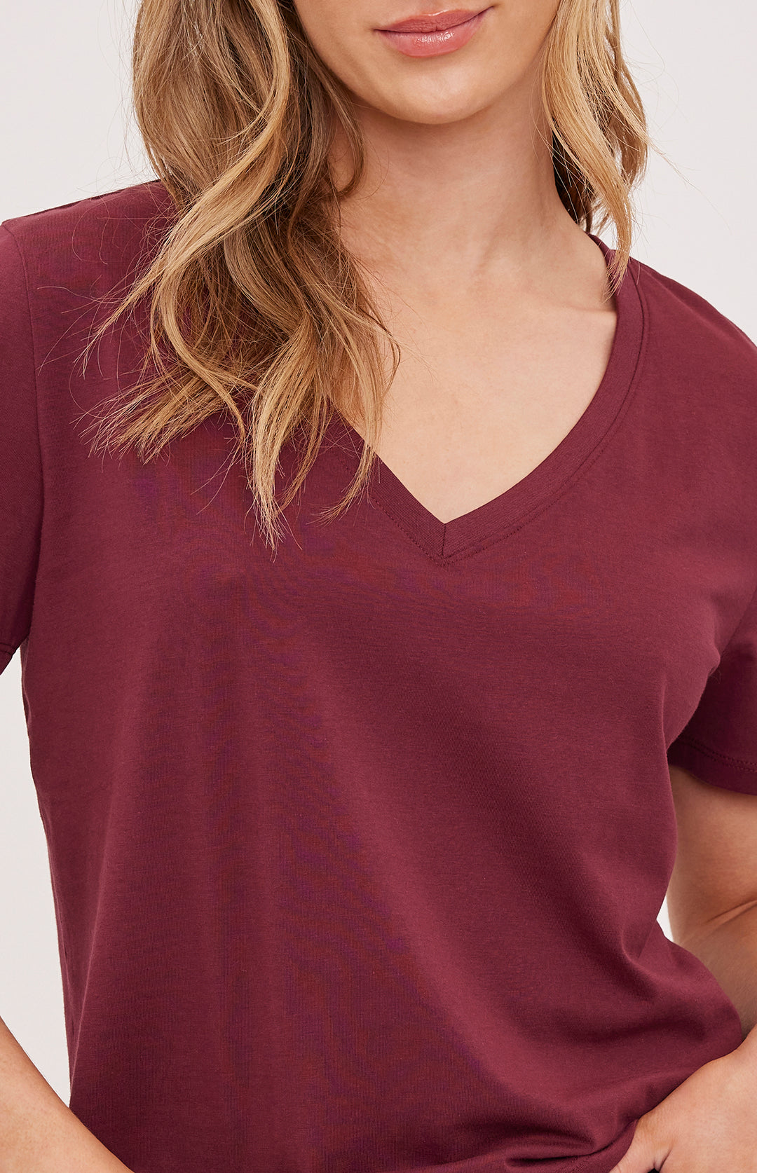 Gentle Fawn Lucy V-Neck T-Shirt in soft fabric, shown in fig with relaxed fit and V-neck design, on a neutral background.