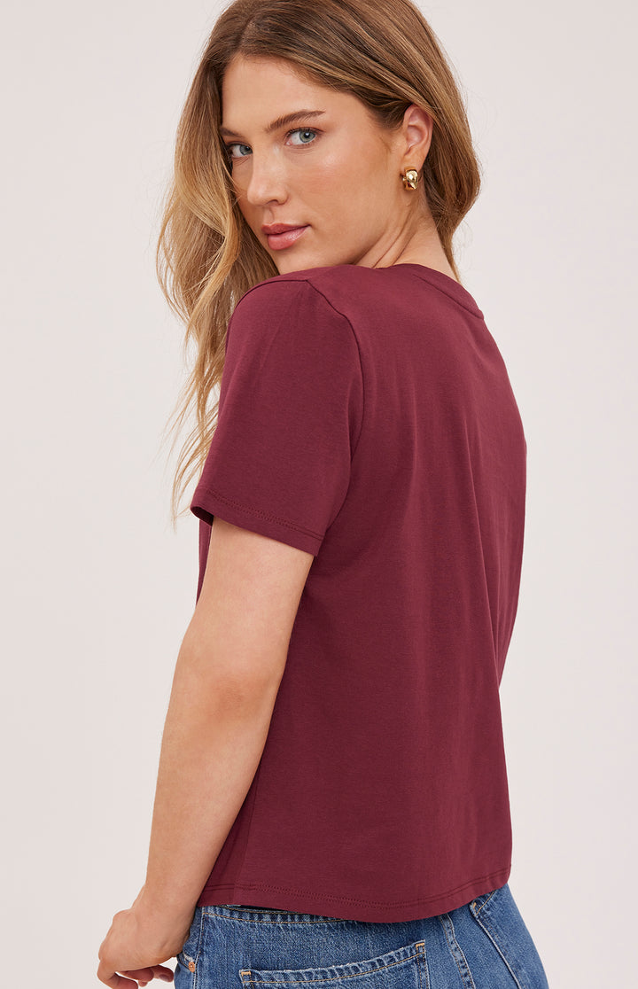 Gentle Fawn Lucy V-Neck T-Shirt in soft fabric, featuring a relaxed fit and classic V-neck design displayed on a model.