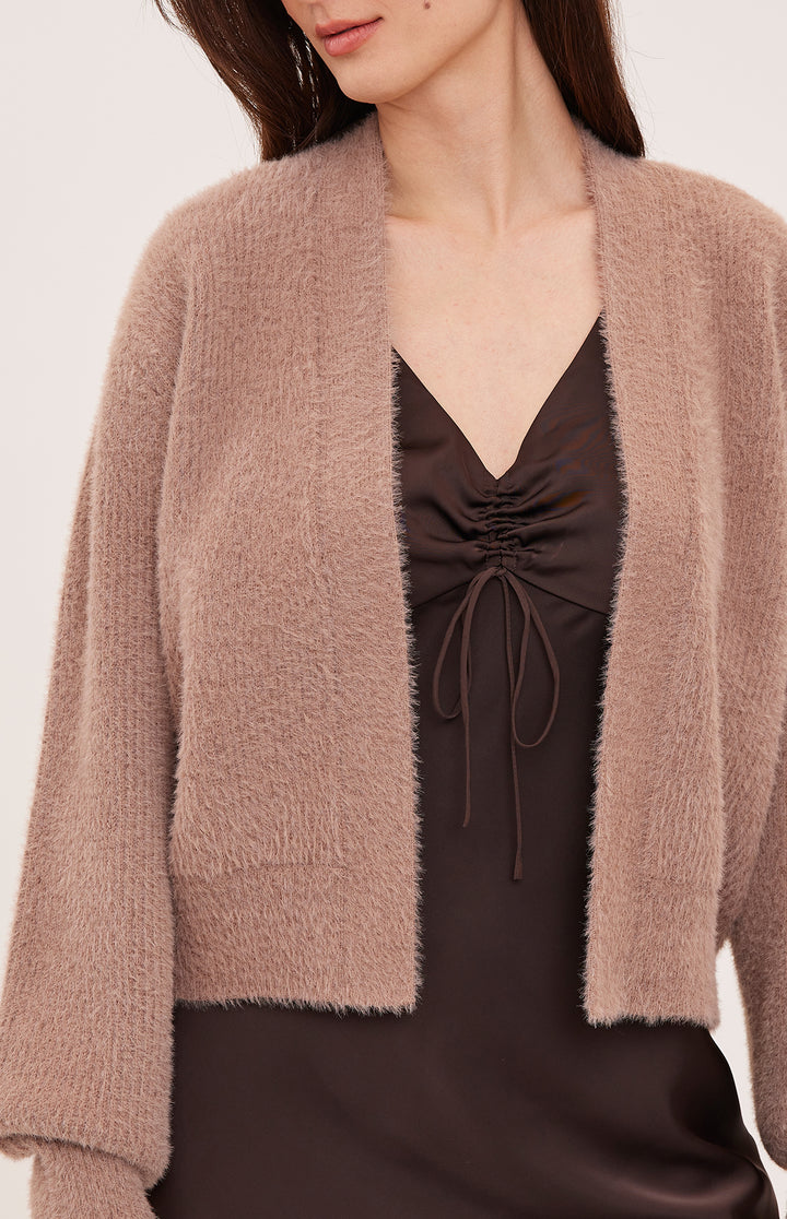 Gentle Fawn Theodora Cardigan in cocoa color, soft knit fabric with long sleeves and open front, styled on a mannequin.