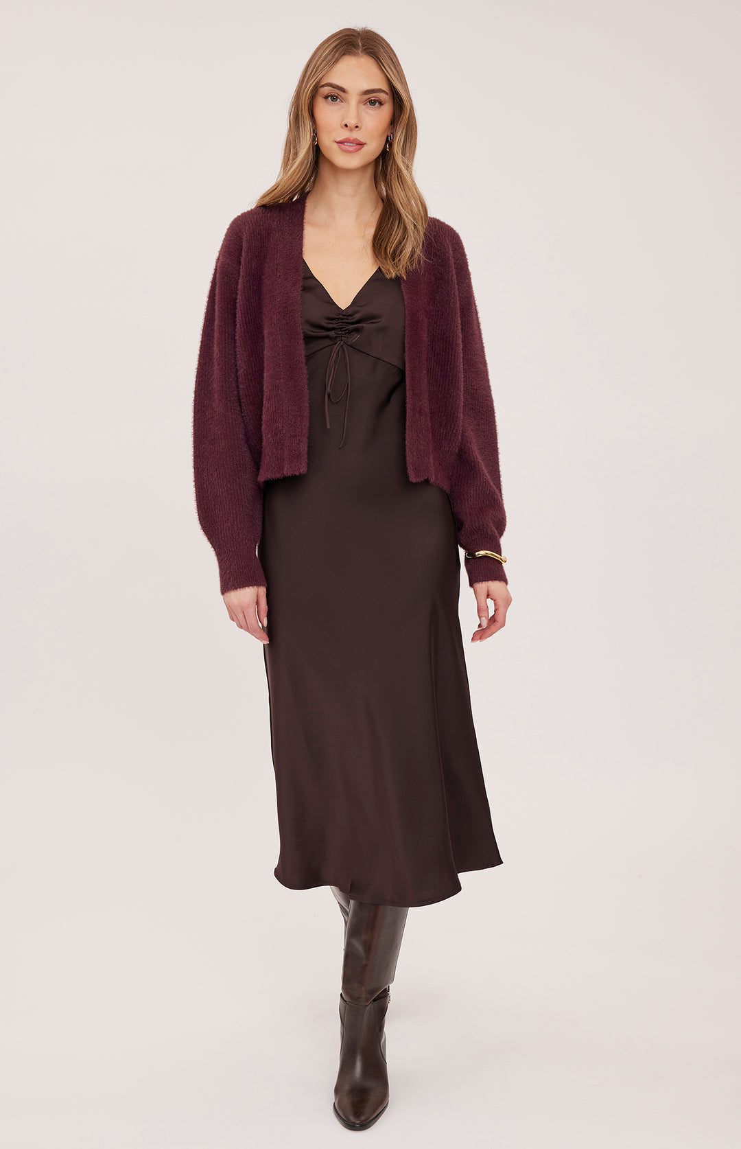 Gentle Fawn Antonia satin dress in port color, featuring a sleek design and elegant fabric, perfect for stylish occasions.