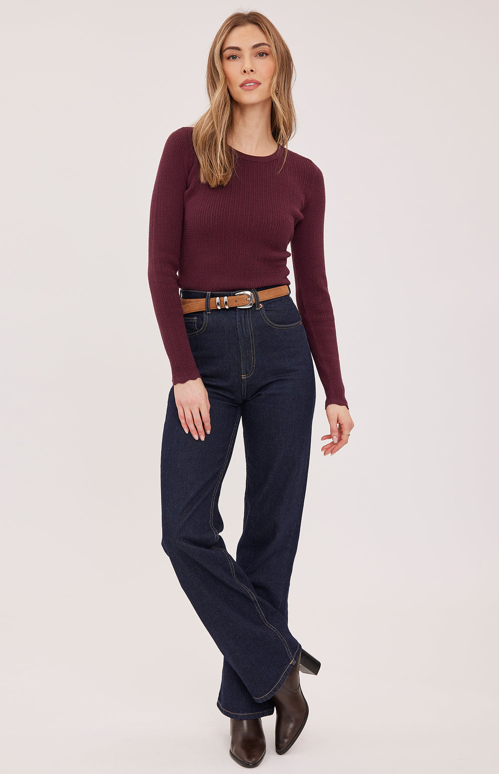 Gentle Fawn Celia Sweater in port color, featuring a cozy knit texture and relaxed fit, styled on a model.