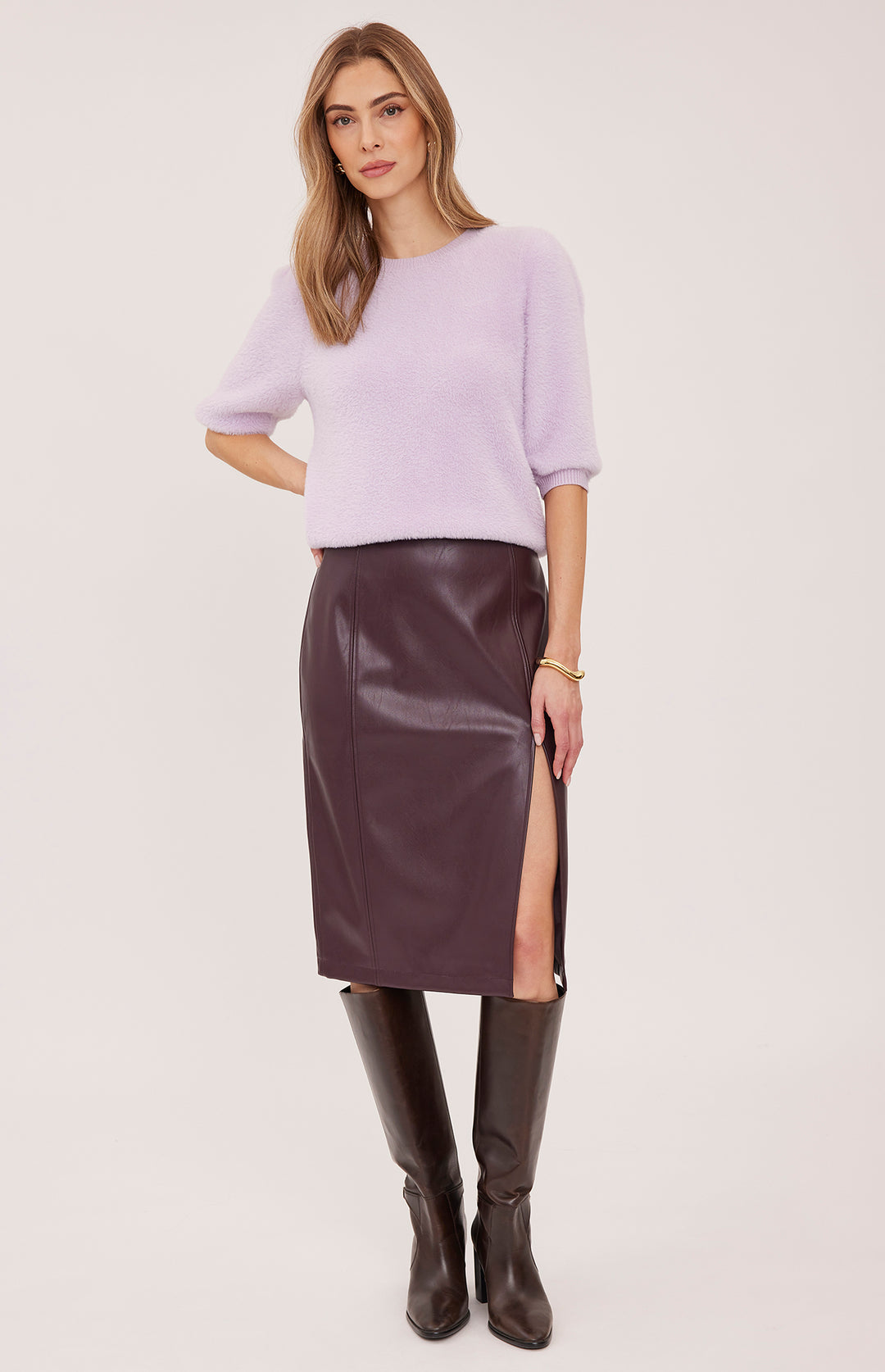 Gentle Fawn Lydia vegan leather skirt in amethyst color, featuring a sleek, fitted design with a high waist and stylish silhouette.